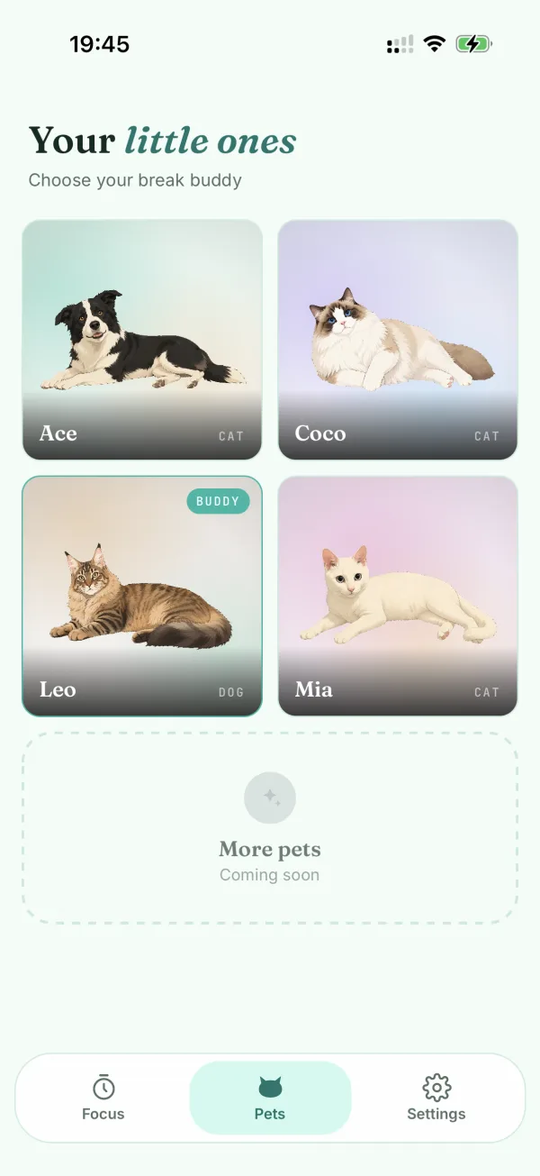 iPhone 上 Pet Pause 的宠物页,可以从四只手绘伙伴里挑一只